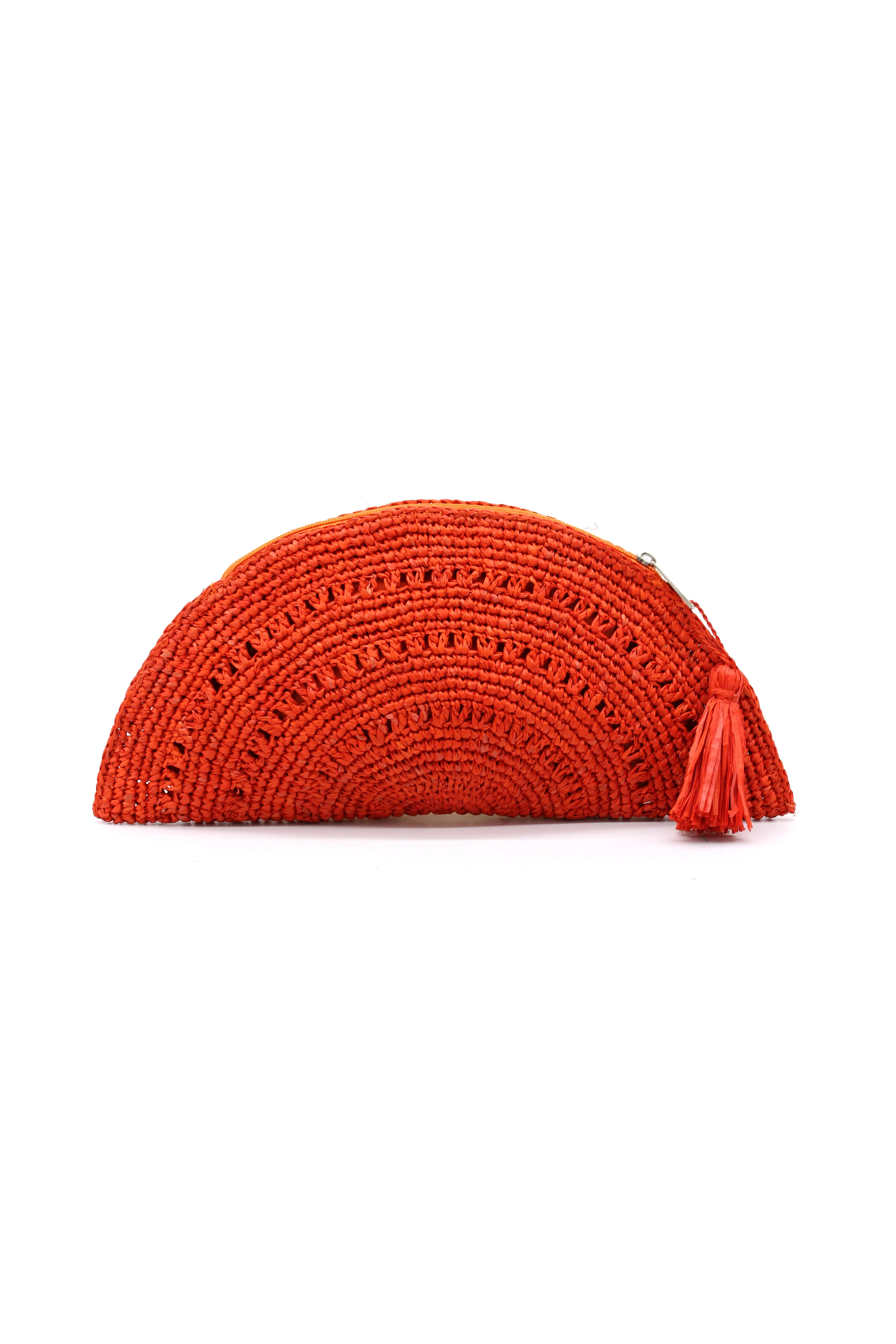 Half Moon Crochet Straw Clutch with Tassel Zipper Pull