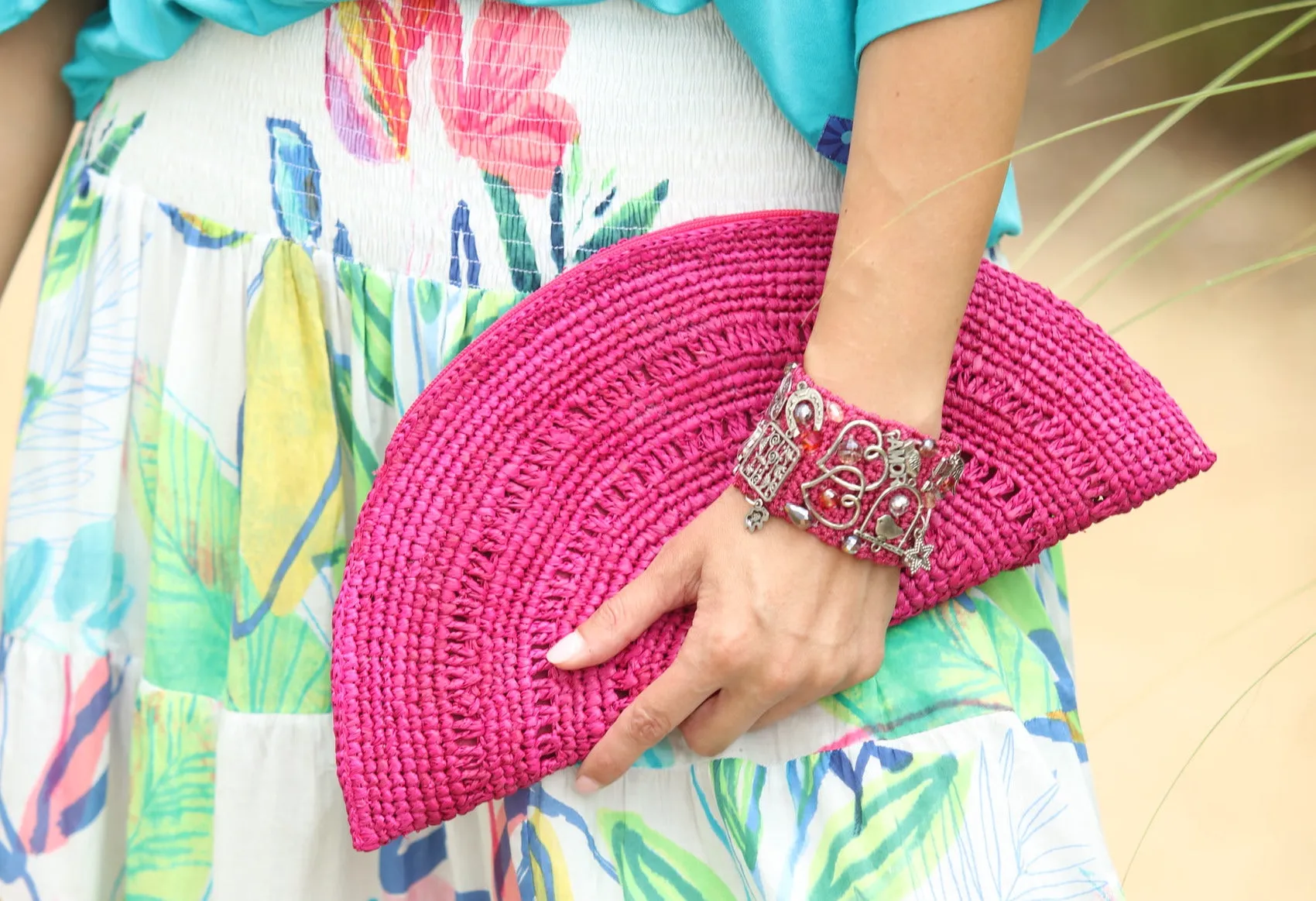 Half Moon Crochet Straw Clutch with Tassel Zipper Pull
