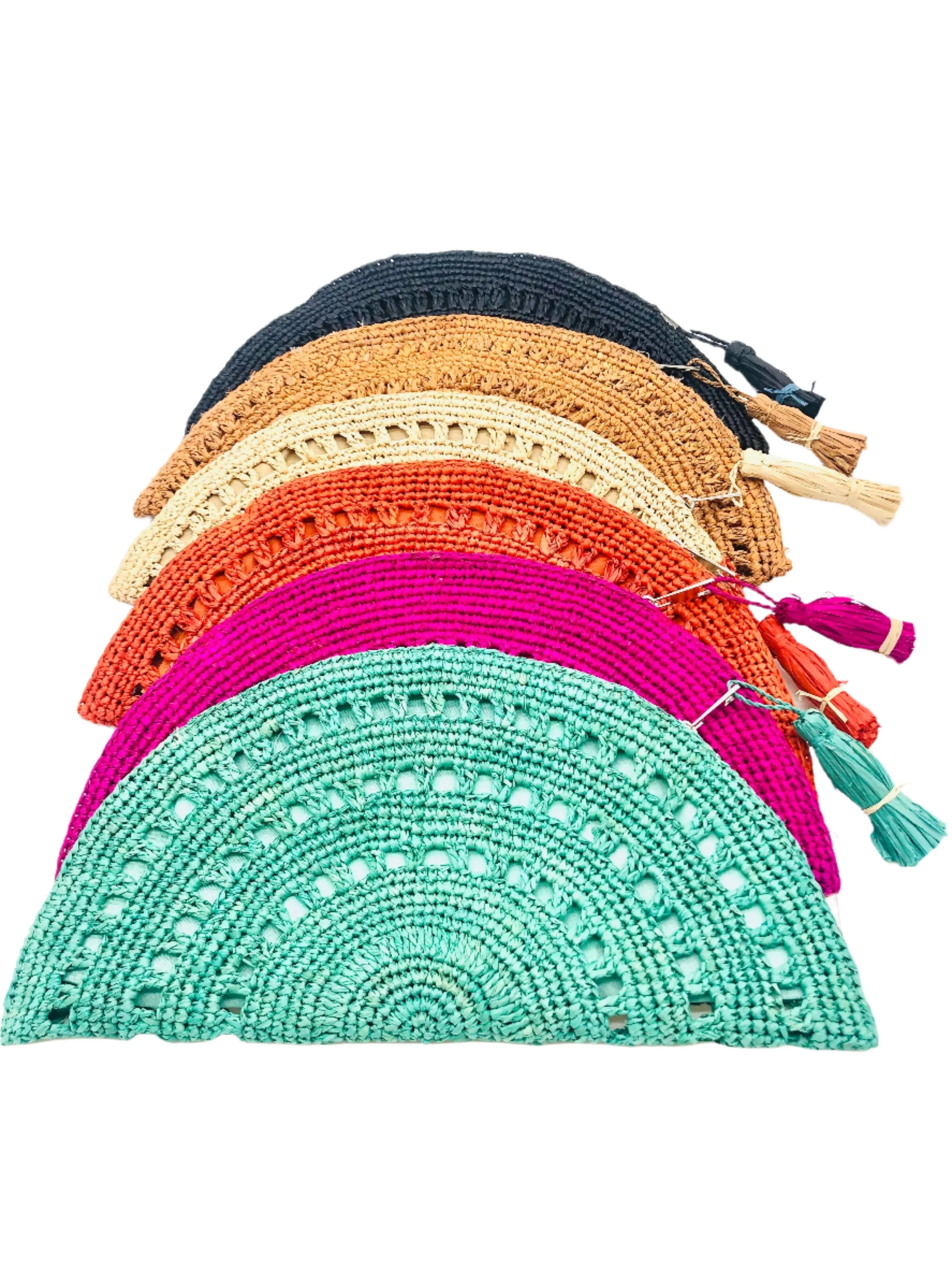 Half Moon Crochet Straw Clutch with Tassel Zipper Pull
