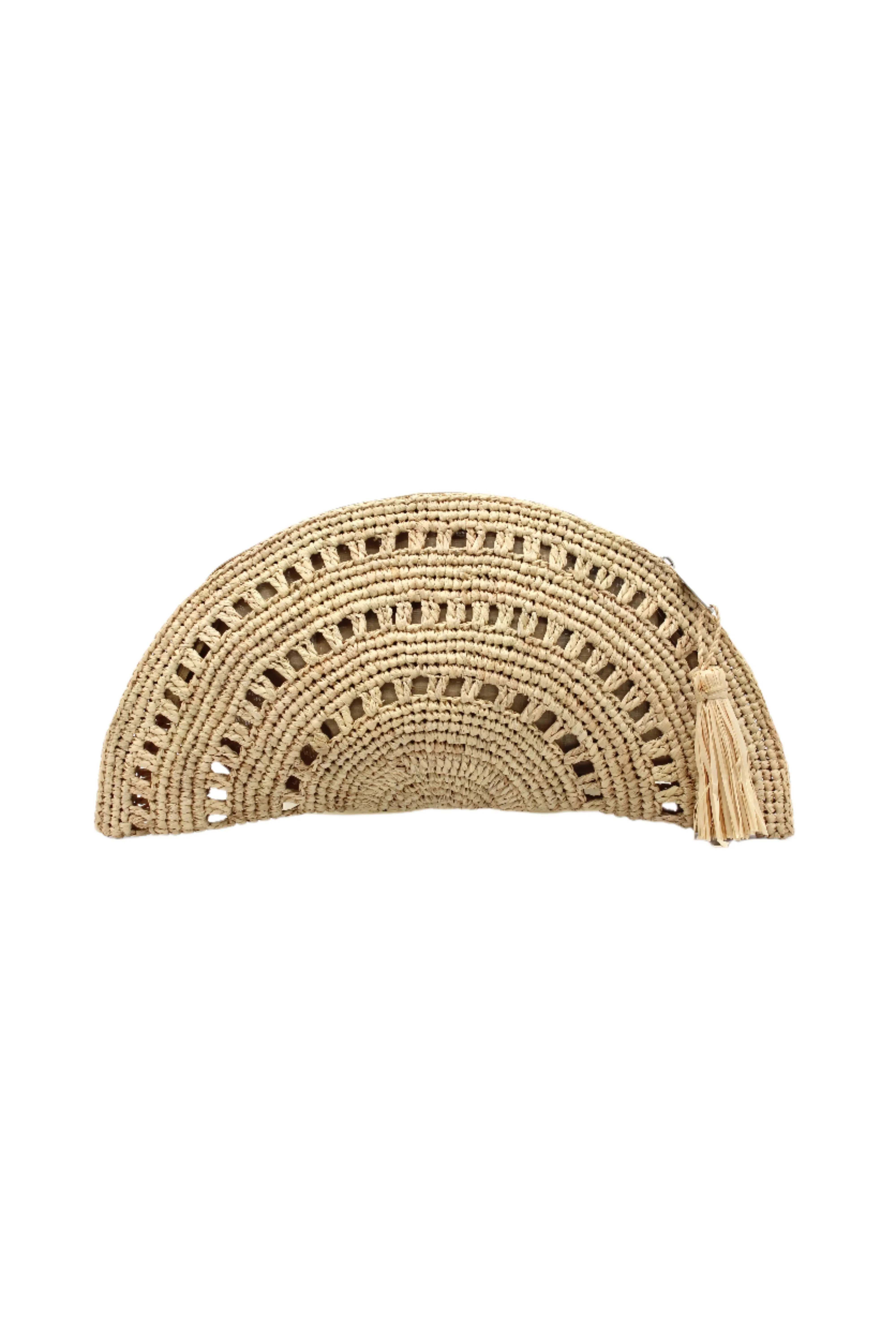 Half Moon Crochet Straw Clutch with Tassel Zipper Pull