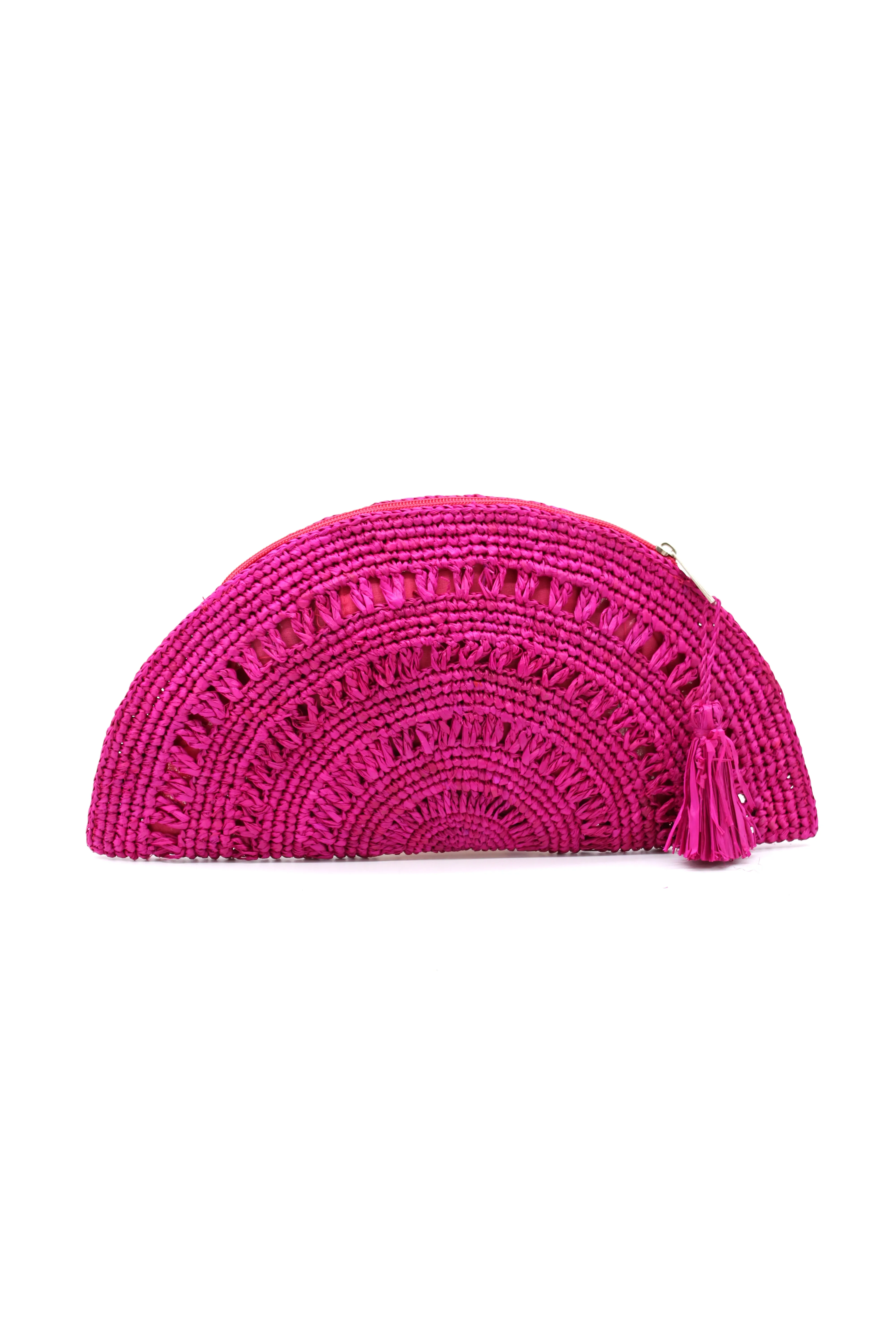Half Moon Crochet Straw Clutch with Tassel Zipper Pull
