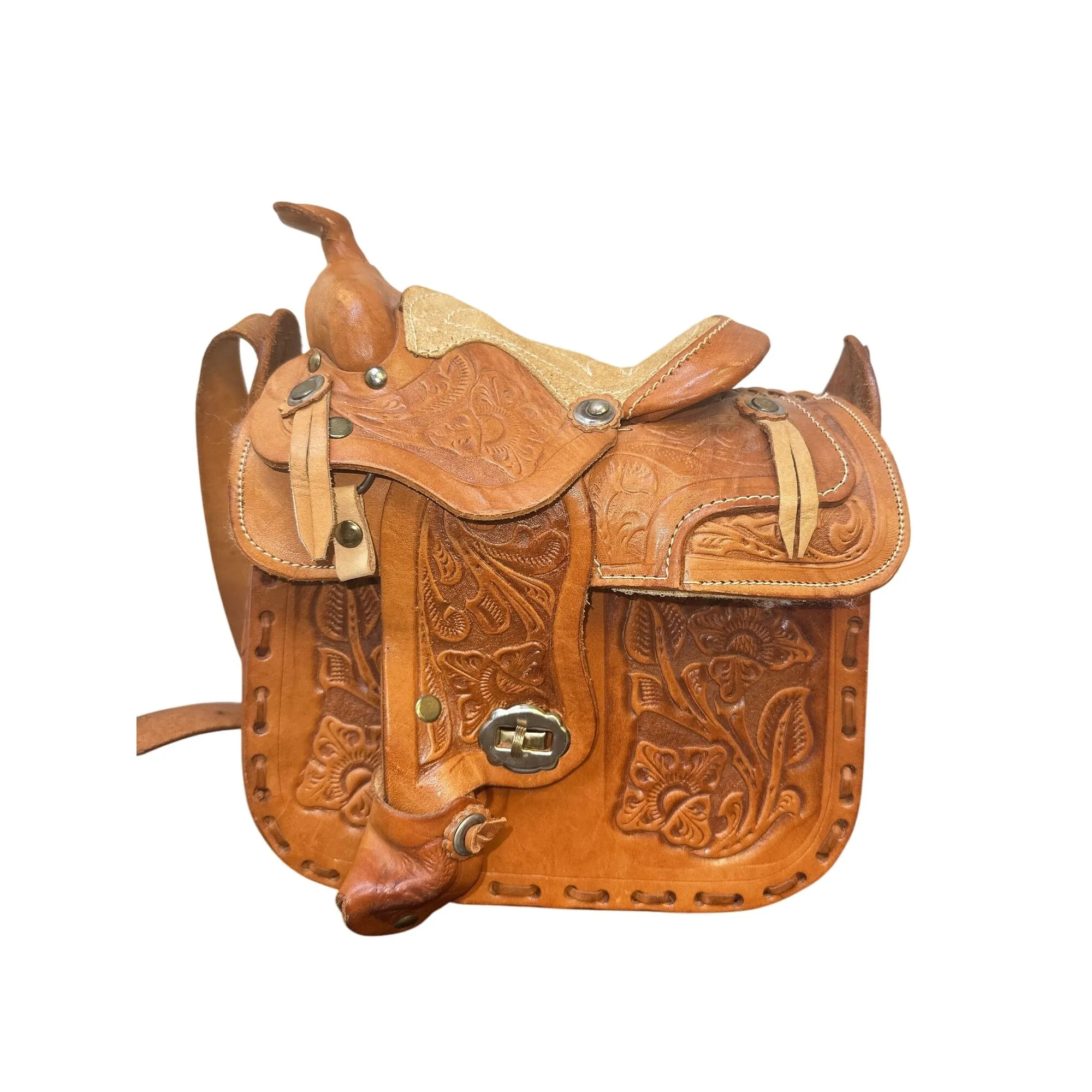 Handcrafted Western Saddle Shoulder Purse w/ Tooled Leather Floral Design & Adjustable Strap