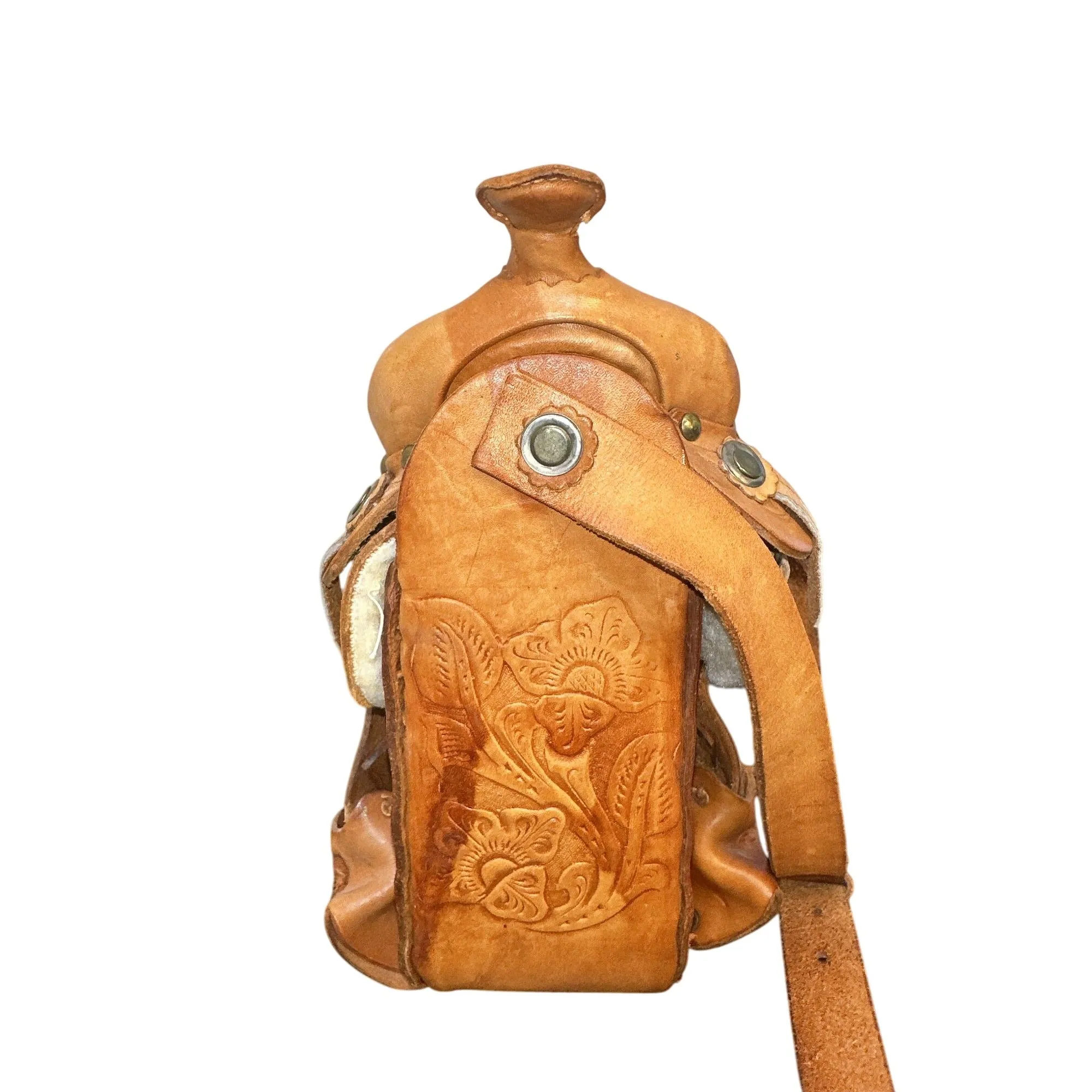Handcrafted Western Saddle Shoulder Purse w/ Tooled Leather Floral Design & Adjustable Strap