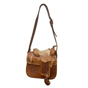 Handcrafted Western Saddle Shoulder Purse w/ Tooled Leather Floral Design & Adjustable Strap