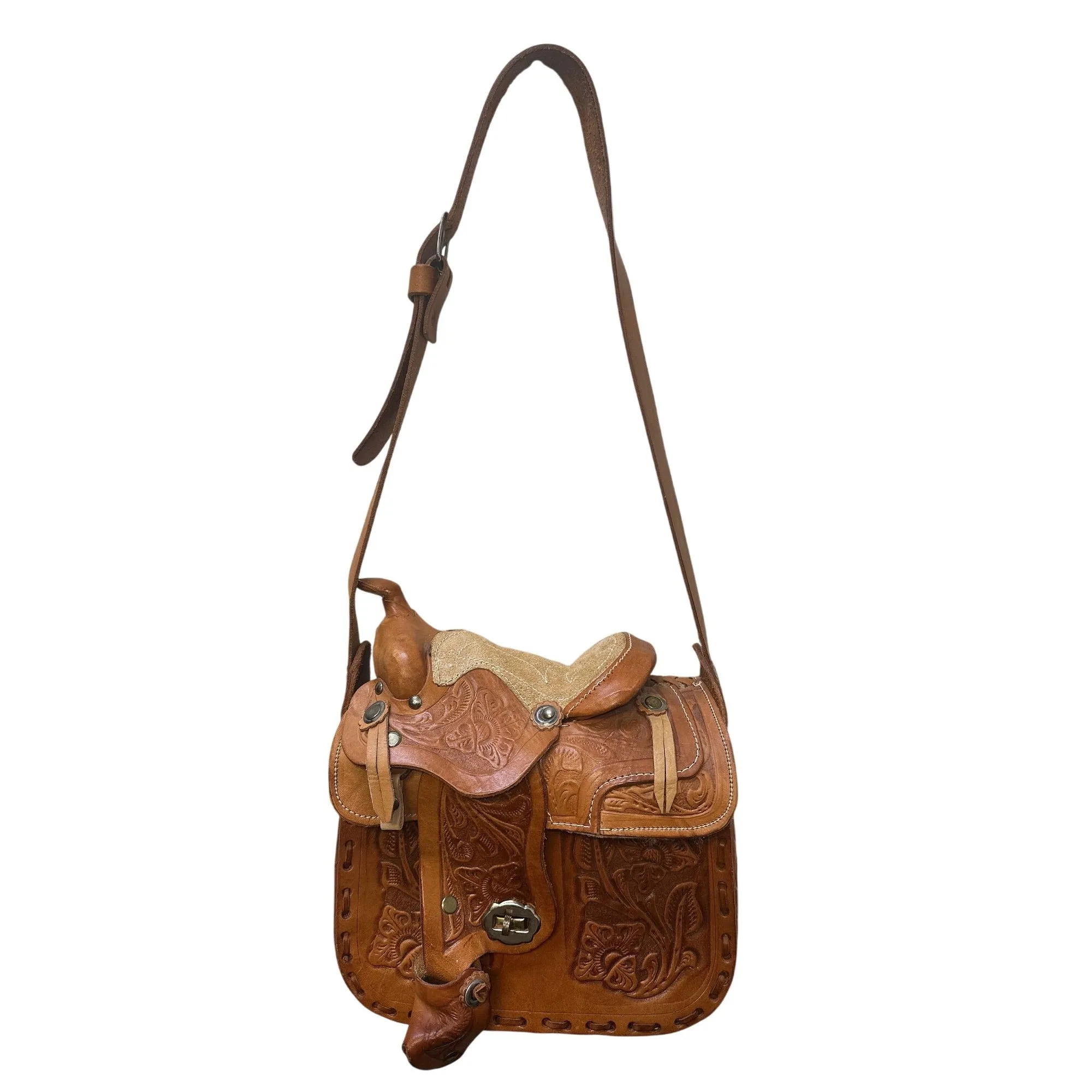 Handcrafted Western Saddle Shoulder Purse w/ Tooled Leather Floral Design & Adjustable Strap