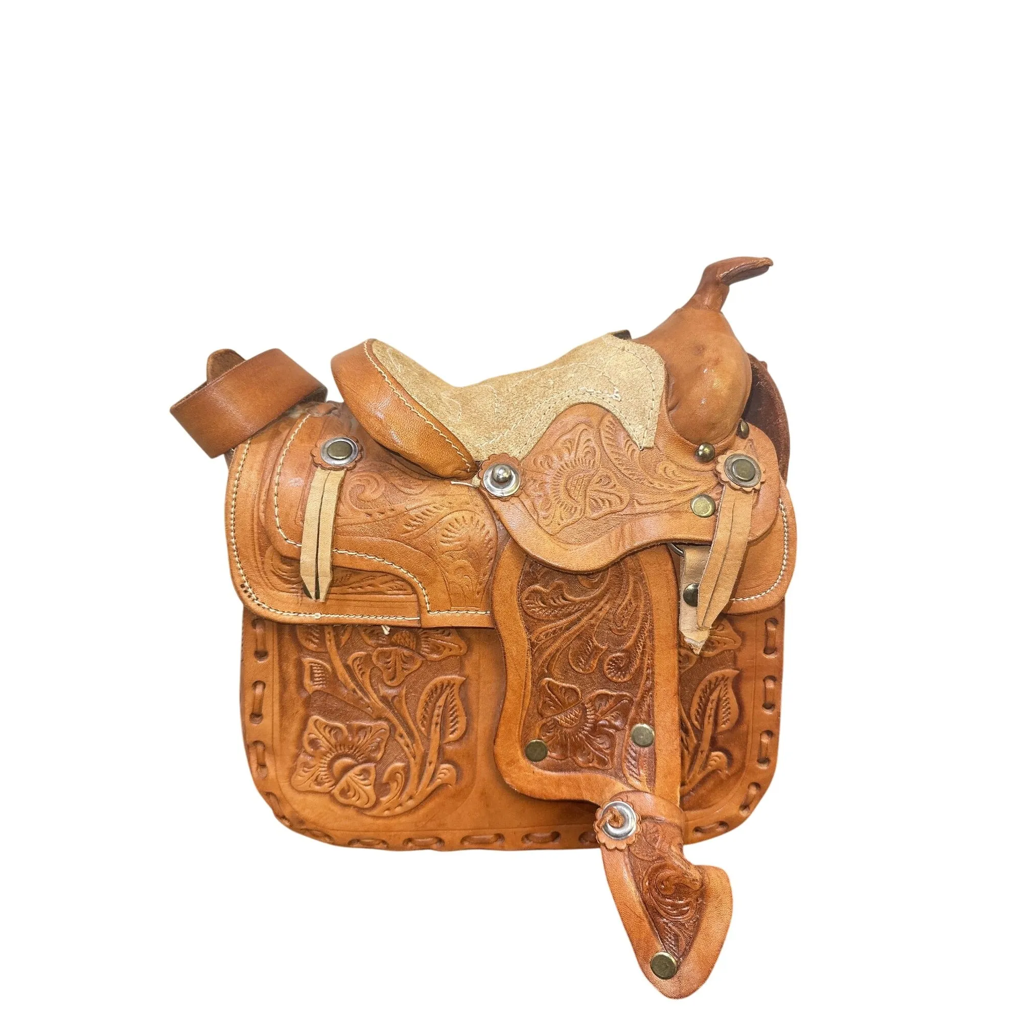 Handcrafted Western Saddle Shoulder Purse w/ Tooled Leather Floral Design & Adjustable Strap
