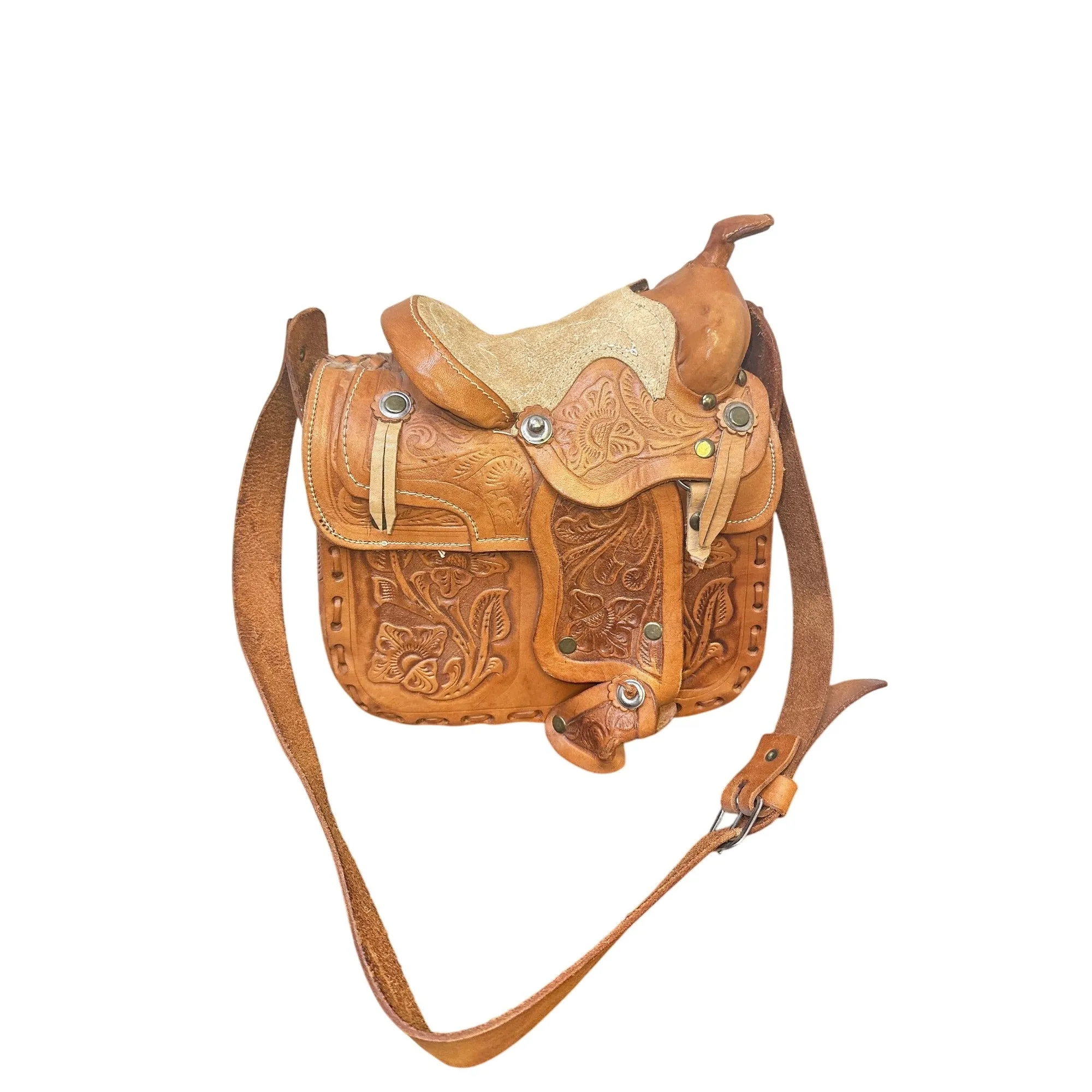 Handcrafted Western Saddle Shoulder Purse w/ Tooled Leather Floral Design & Adjustable Strap