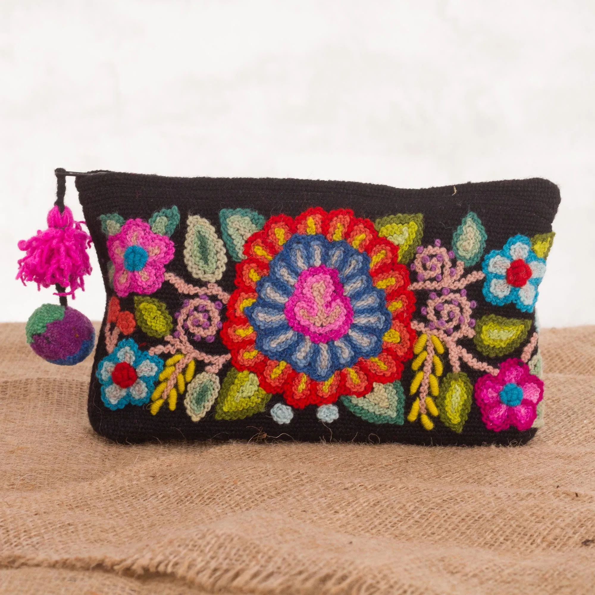 Handmade Floral 100% Alpaca Clutch in Black 'Andean Bouquet' | NOVICA