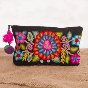 Handmade Floral 100% Alpaca Clutch in Black 'Andean Bouquet' | NOVICA