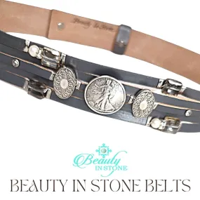 Handmade Leather Belt With Rhinestones & Coin