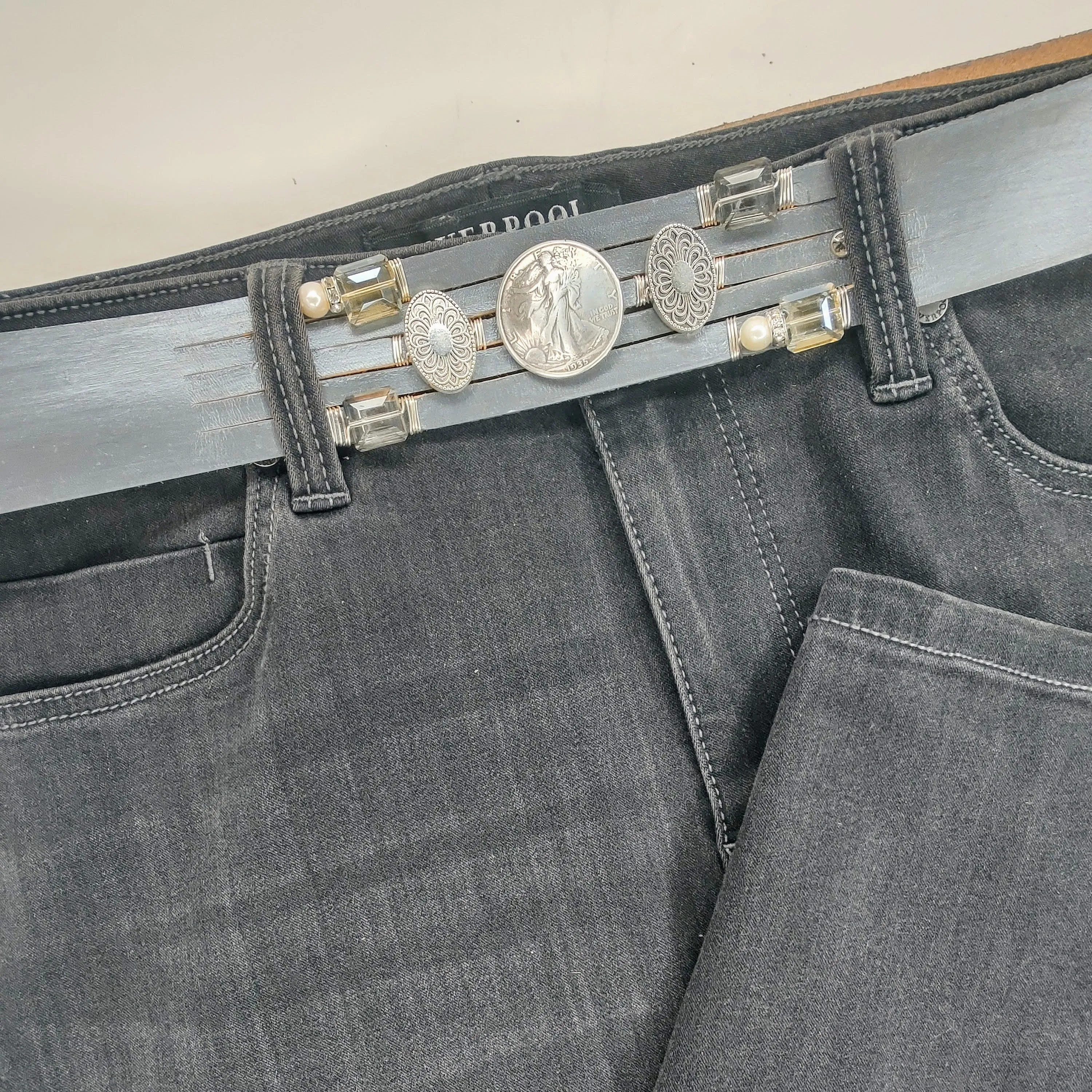 Handmade Leather Belt With Rhinestones & Coin