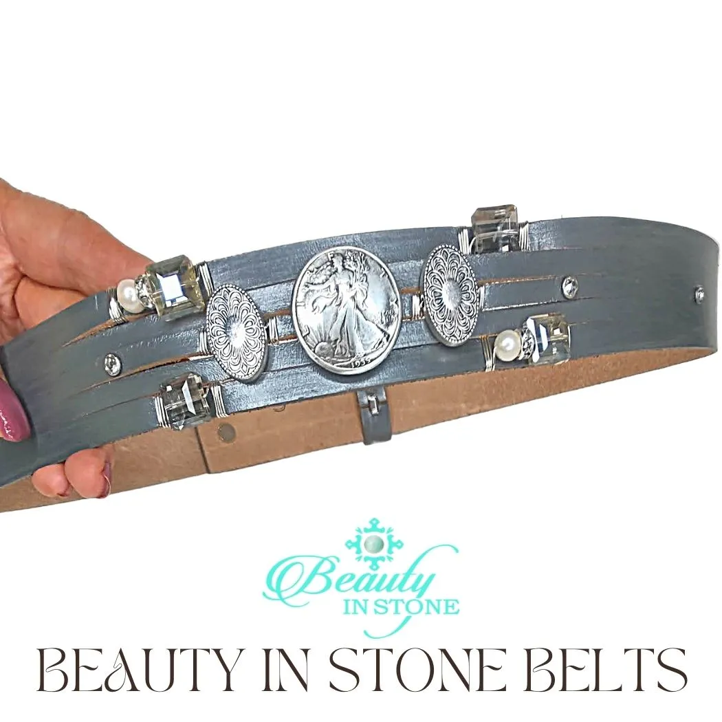 Handmade Leather Belt With Rhinestones & Coin
