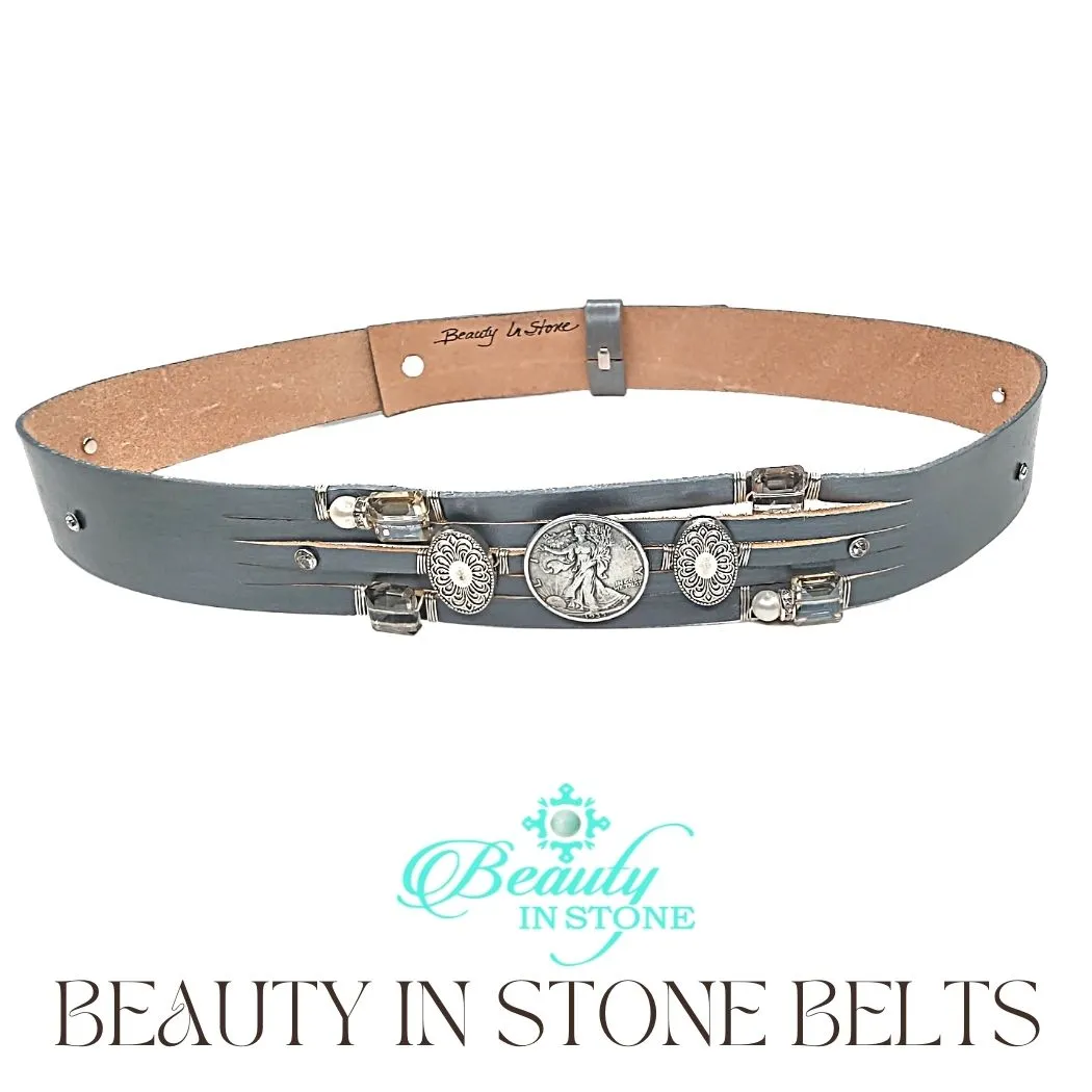 Handmade Leather Belt With Rhinestones & Coin
