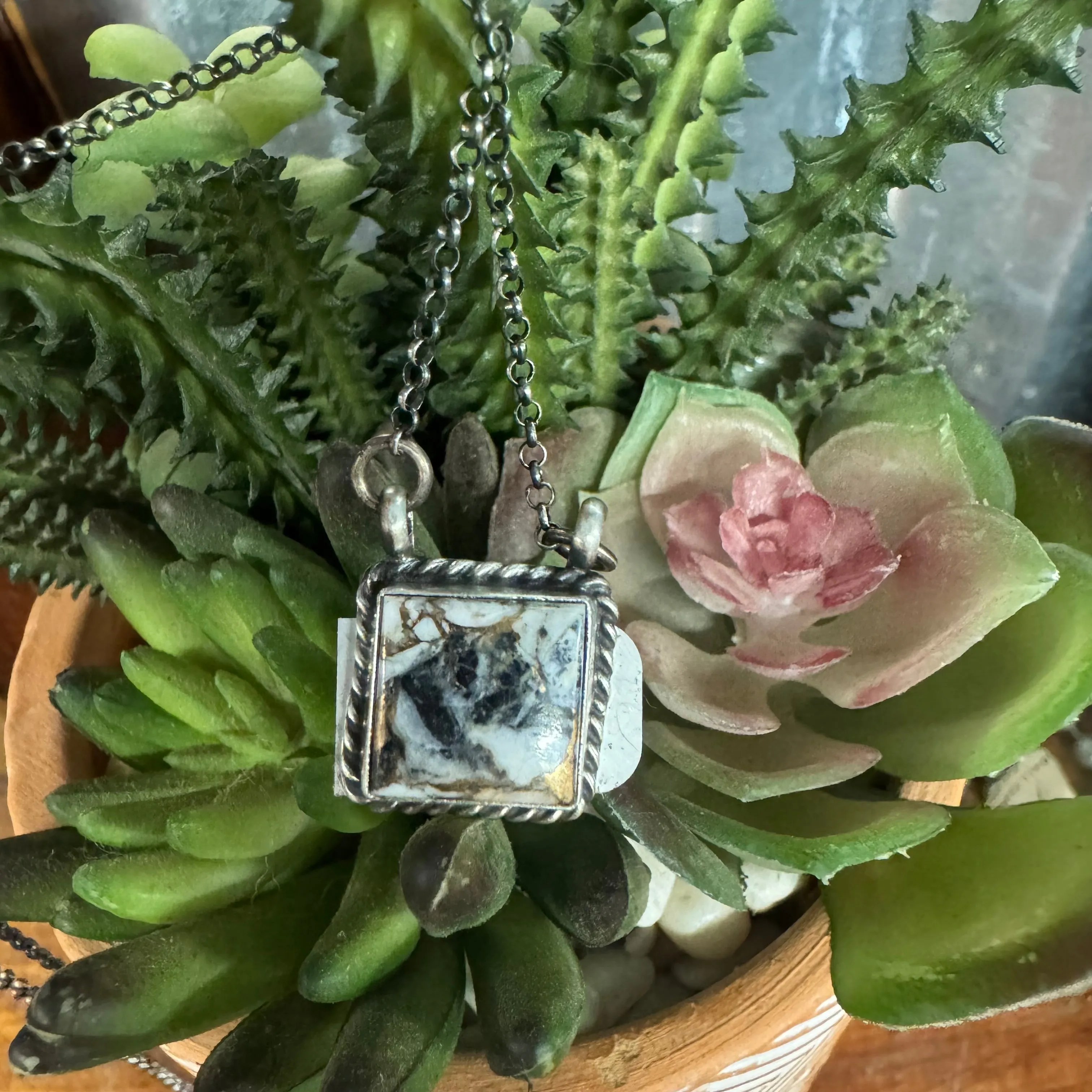 Johnny Dixon NAVAJO White Buffalo w/Bronze SQUARE NECKLACE