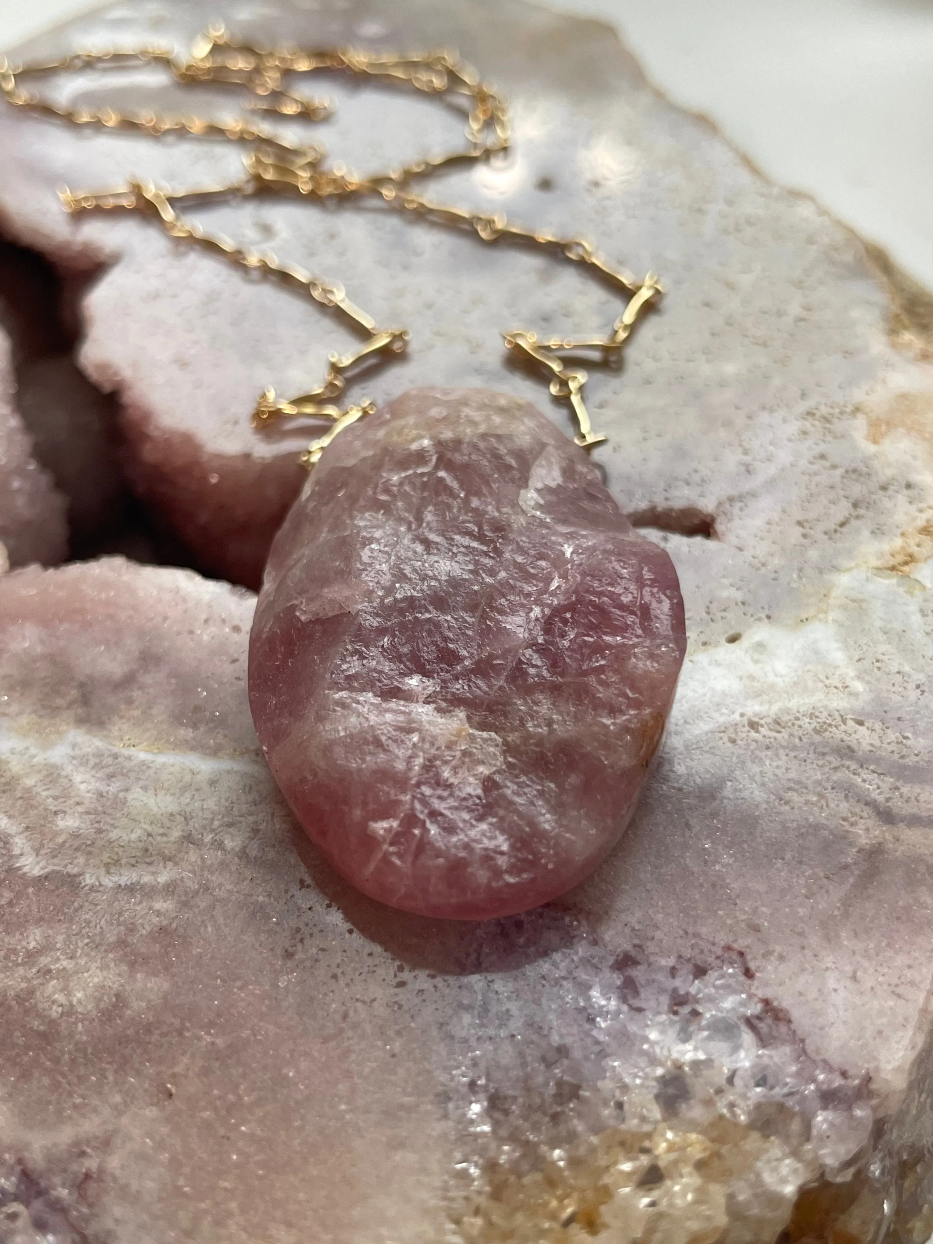Large Raw Rose Quartz Statement Crystal Necklace Gold Filled