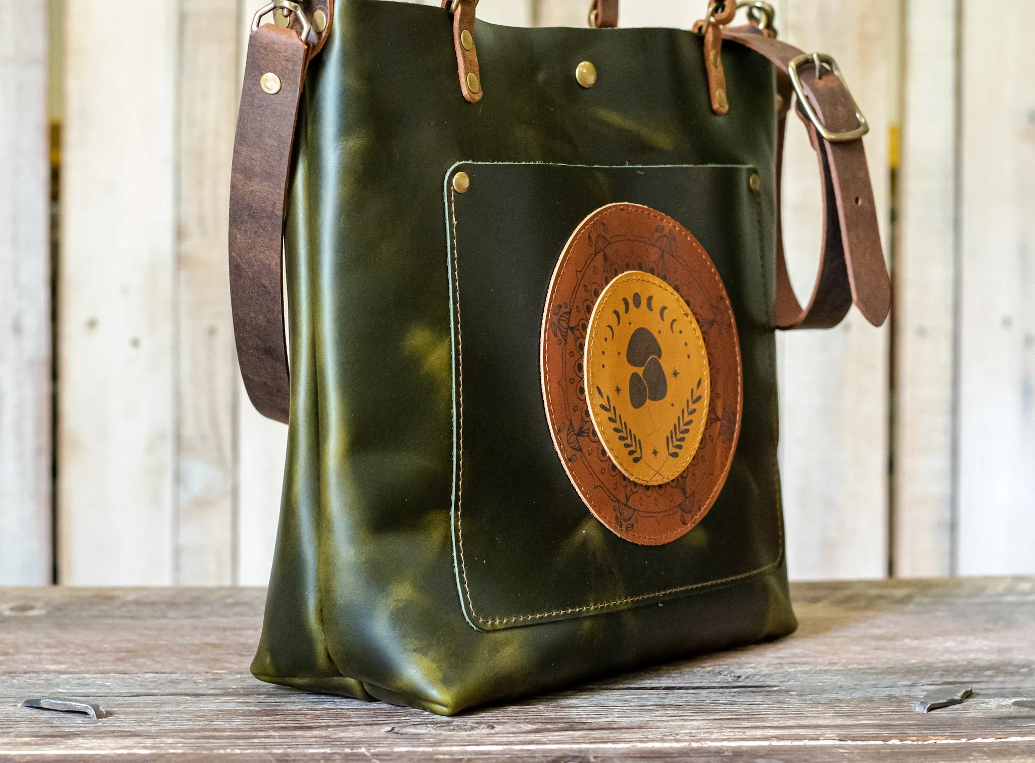 Leather Tote Bag | Crossbody Bag | MEDIUM | Jade | Mushroom Mandala