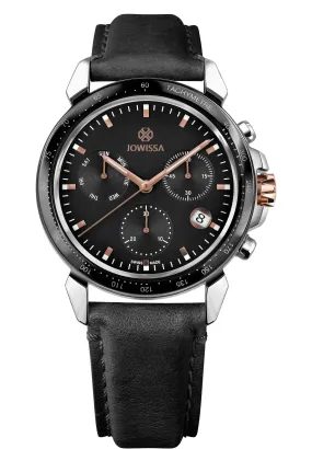 LeWy Swiss Chronograph Men's Watch J7.128.L - Elegant Black Leather with Rose Gold Details