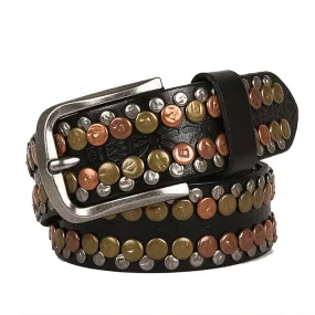 Men's Genuine Leather Riveted Belt – Hip Hop Punk Rock Style with Round Studs – 3.8CM Wide, Perfect for Cowboys & Rebels
