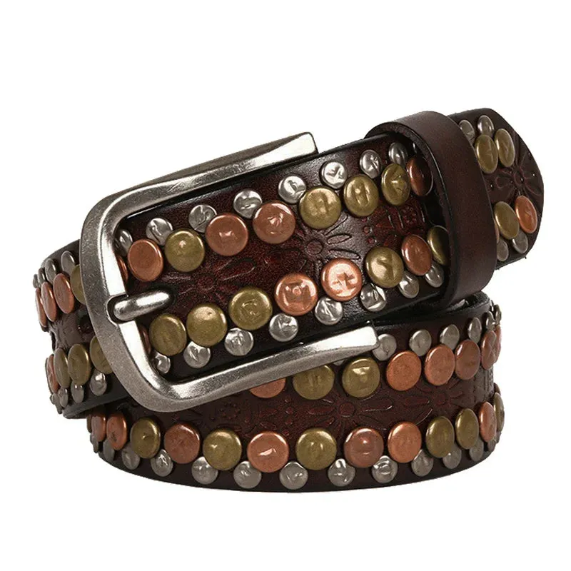 Men's Genuine Leather Riveted Belt – Hip Hop Punk Rock Style with Round Studs – 3.8CM Wide, Perfect for Cowboys & Rebels