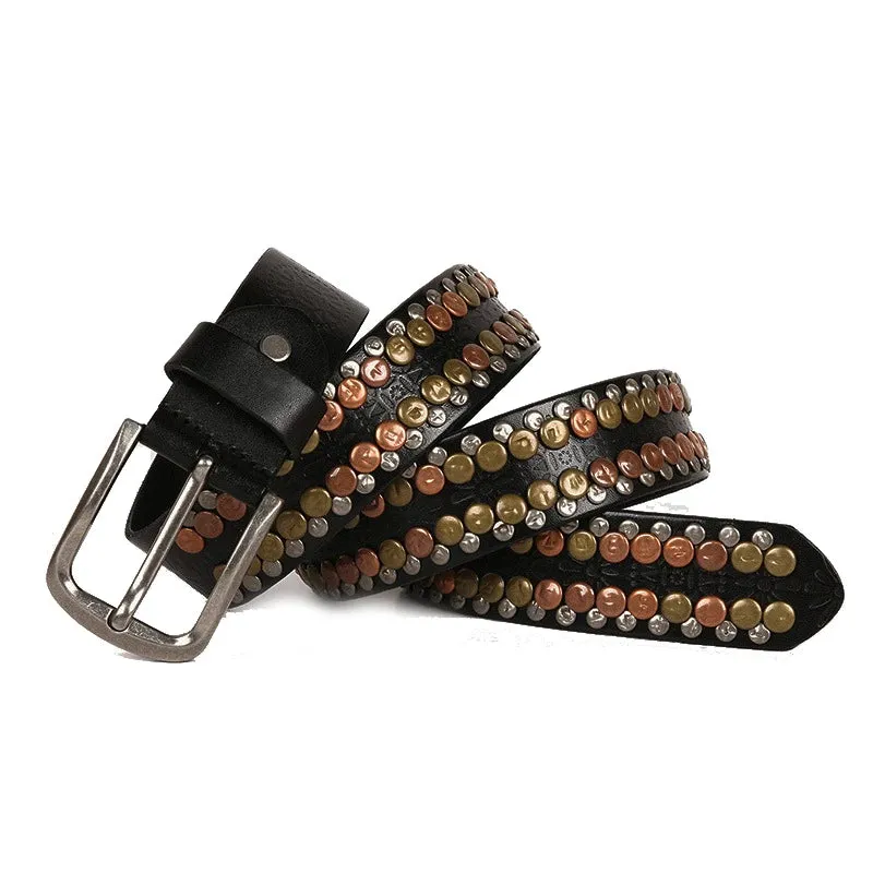 Men's Genuine Leather Riveted Belt – Hip Hop Punk Rock Style with Round Studs – 3.8CM Wide, Perfect for Cowboys & Rebels
