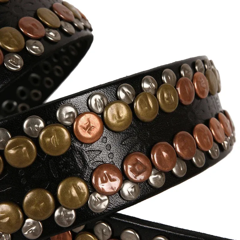 Men's Genuine Leather Riveted Belt – Hip Hop Punk Rock Style with Round Studs – 3.8CM Wide, Perfect for Cowboys & Rebels