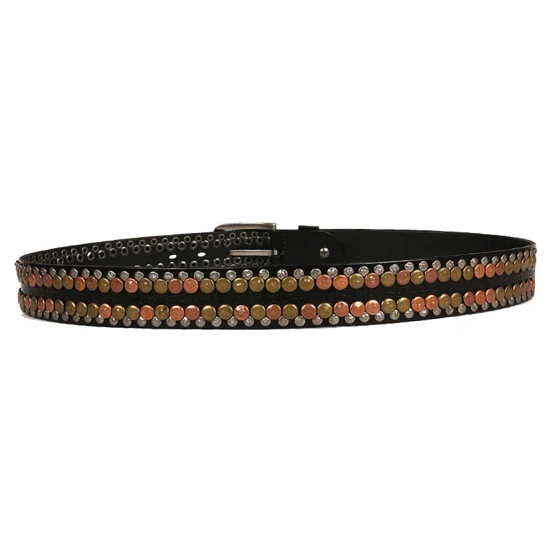 Men's Genuine Leather Riveted Belt – Hip Hop Punk Rock Style with Round Studs – 3.8CM Wide, Perfect for Cowboys & Rebels
