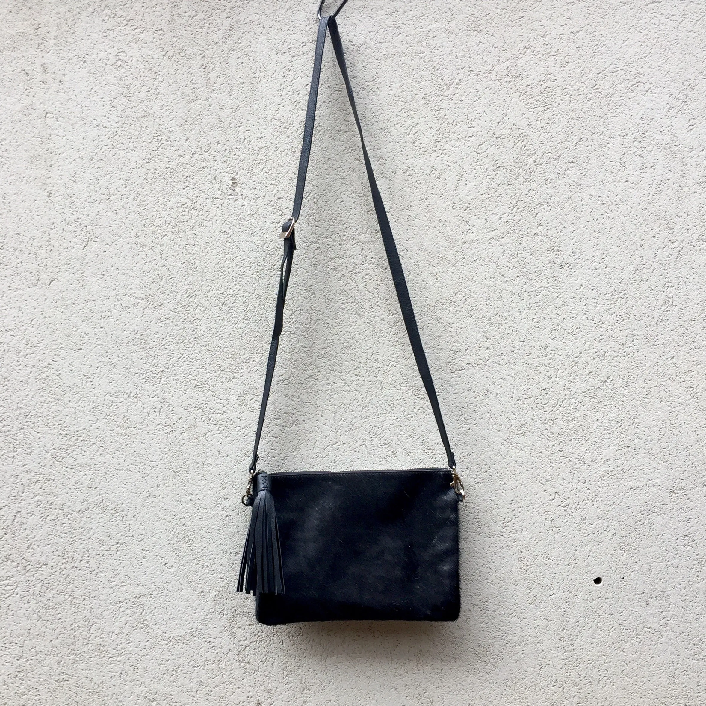 Midnight Cowhide and Leather Crossbody Clutch Bag