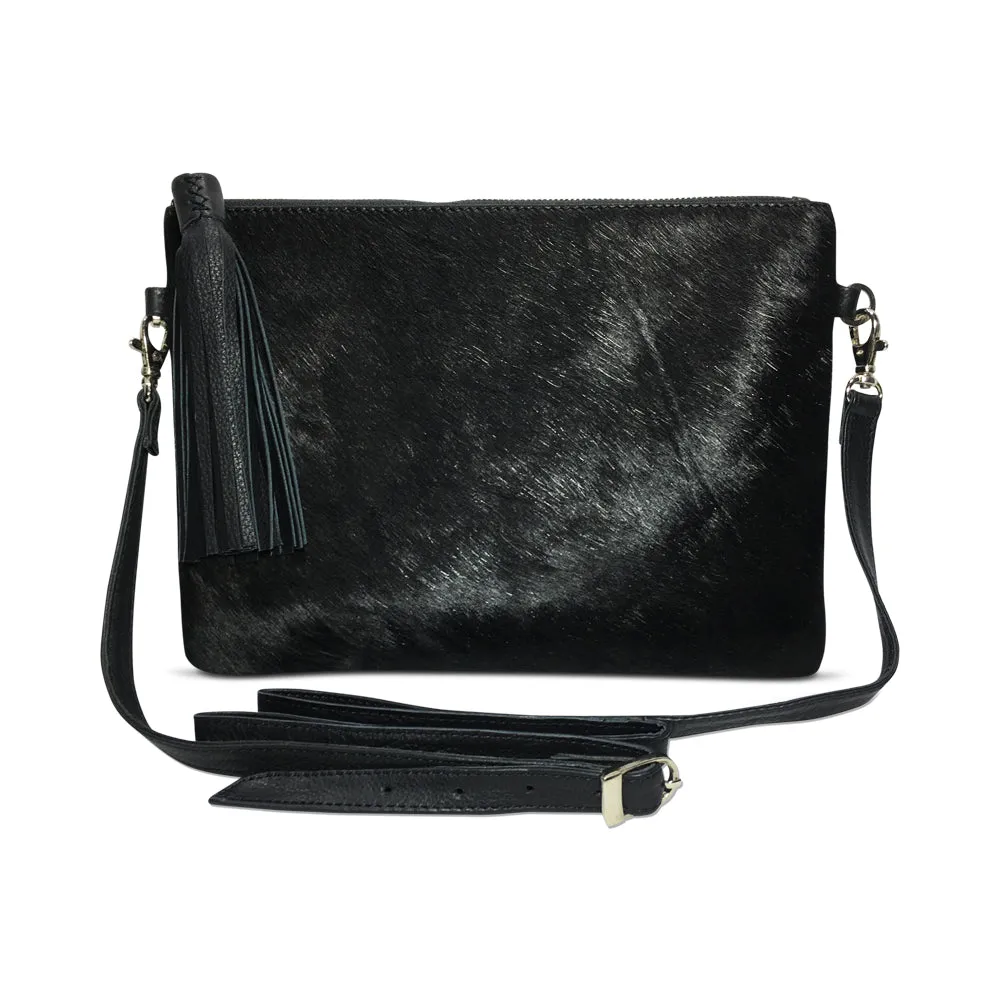 Midnight Cowhide and Leather Crossbody Clutch Bag