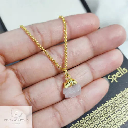 Natural Rose Quartz Necklace, Raw Rose Quartz Pendant, Gold Plated Necklace, Raw Crystal Necklace, Gemstone Pendant, Necklace For Women