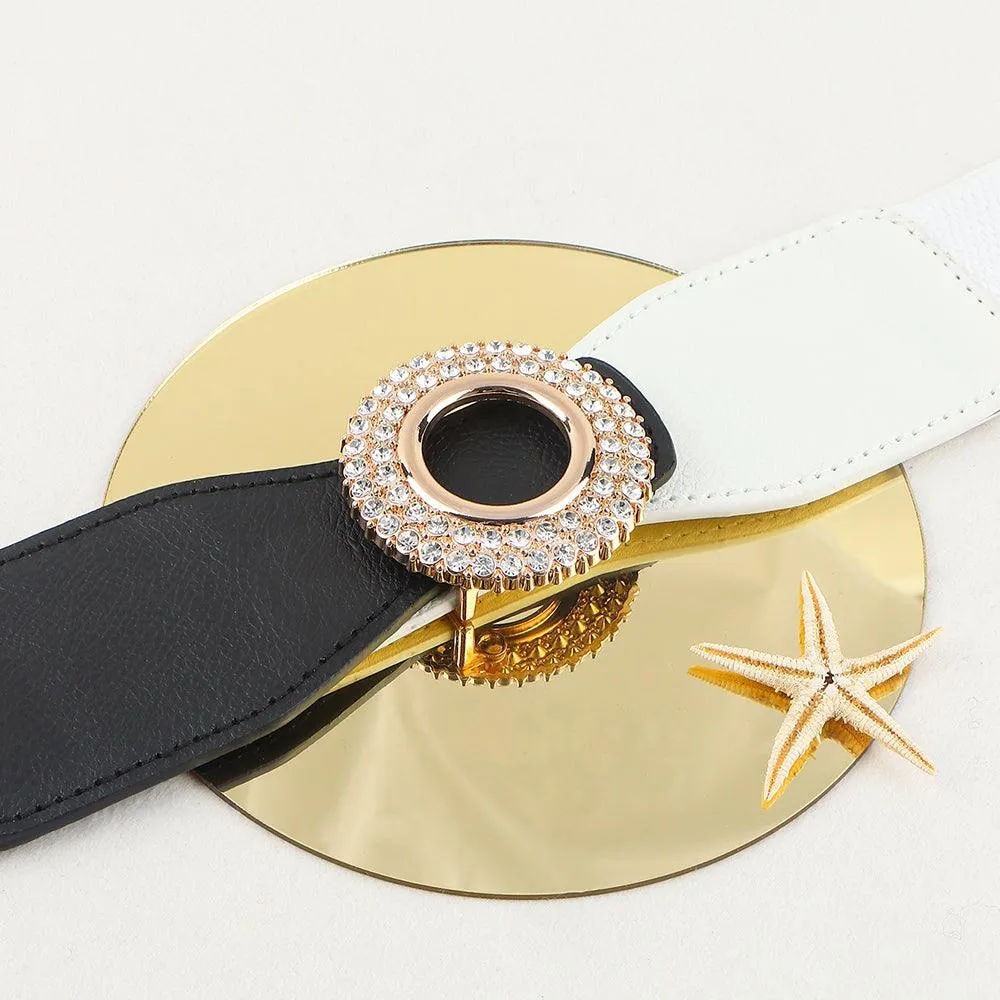 New Ladies Diamond Inlaid Rhinestone Elastic Elastic Belt Simple Round Buckle Skirt Shirt Decoration Suit Belt