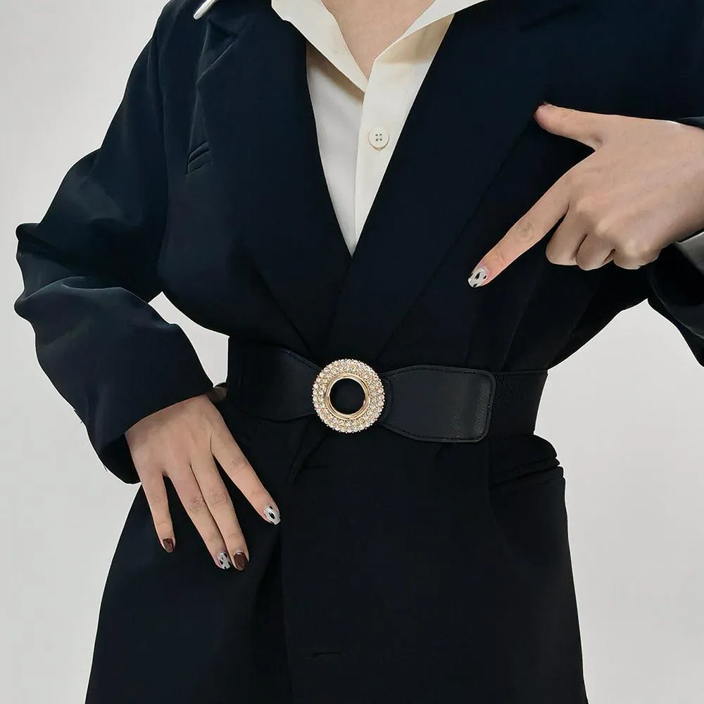 New Ladies Diamond Inlaid Rhinestone Elastic Elastic Belt Simple Round Buckle Skirt Shirt Decoration Suit Belt