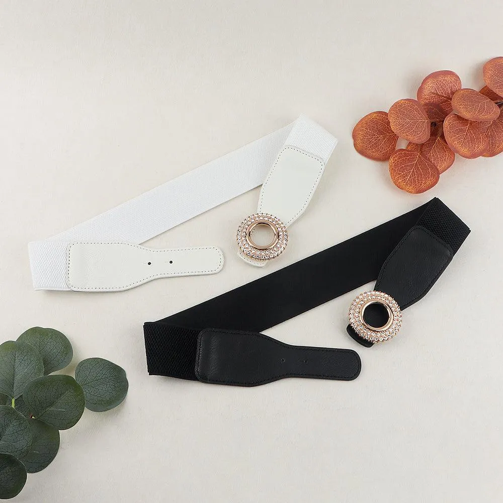 New Ladies Diamond Inlaid Rhinestone Elastic Elastic Belt Simple Round Buckle Skirt Shirt Decoration Suit Belt