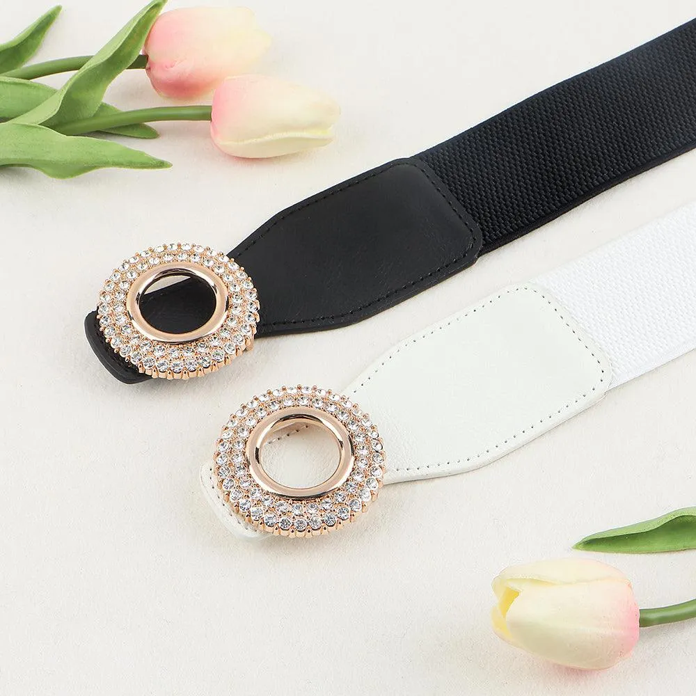 New Ladies Diamond Inlaid Rhinestone Elastic Elastic Belt Simple Round Buckle Skirt Shirt Decoration Suit Belt