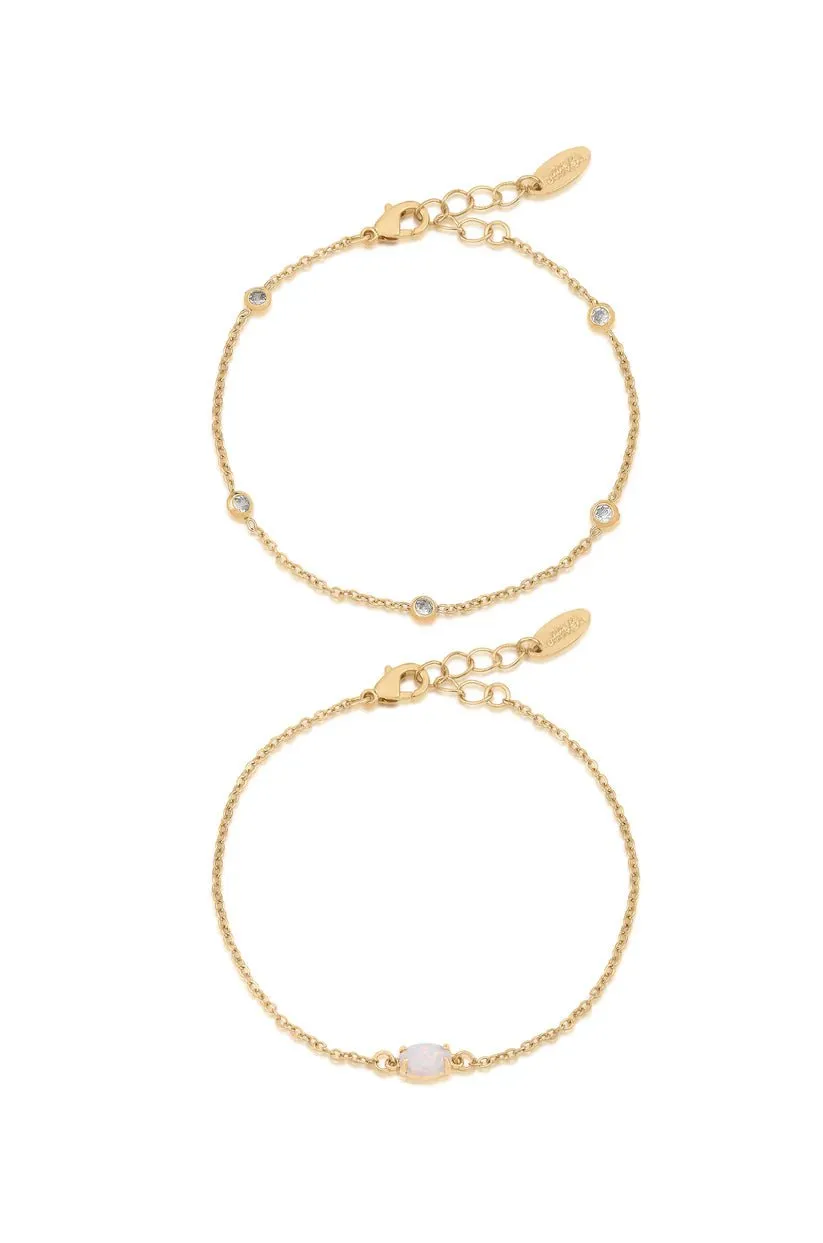 Opal and Crystal Dainty Gold Chain Bracelet Set