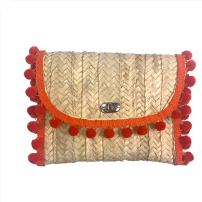 Penelope Orange Pom Pom Trim Straw Clutch