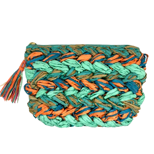 Plaited Raffia Clutch  -  Aqua Multi