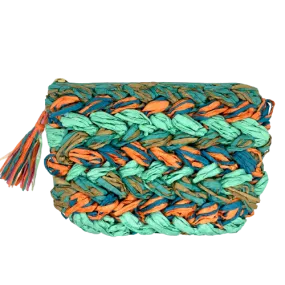 Plaited Raffia Clutch  -  Aqua Multi