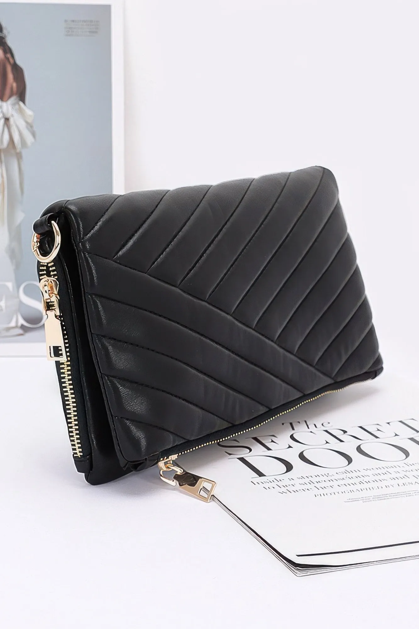Quilted Faux Leather Half Folded Cltuch