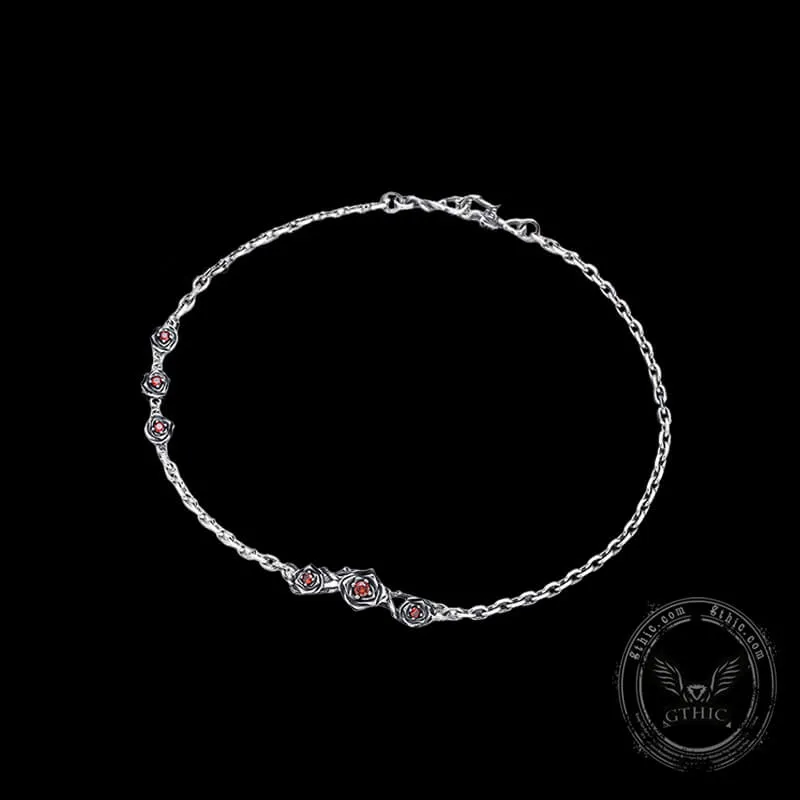 Red Gem-Set Roses Sterling Silver Necklace