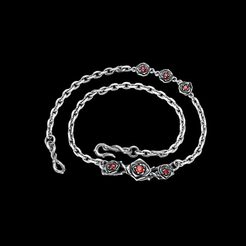 Red Gem-Set Roses Sterling Silver Necklace