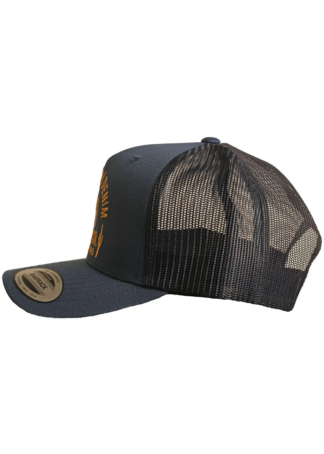 ROCK & ROLL DENIM CURVED TRUCKER CAP in NAVY