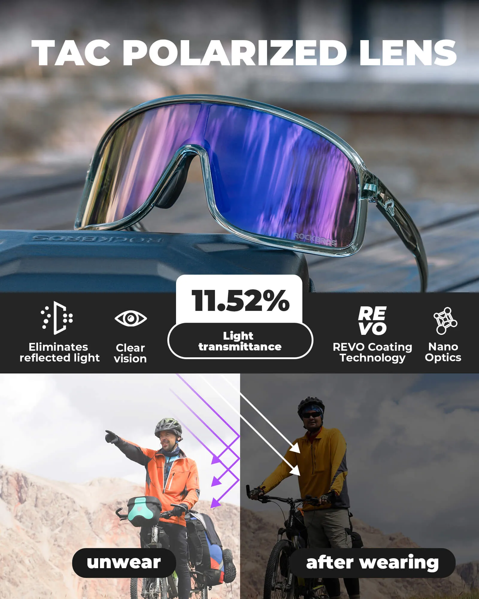 ROCKBROS Polarized Sunglasses TR90 Frame Cycling Glasses  UV400 Unisex SP350