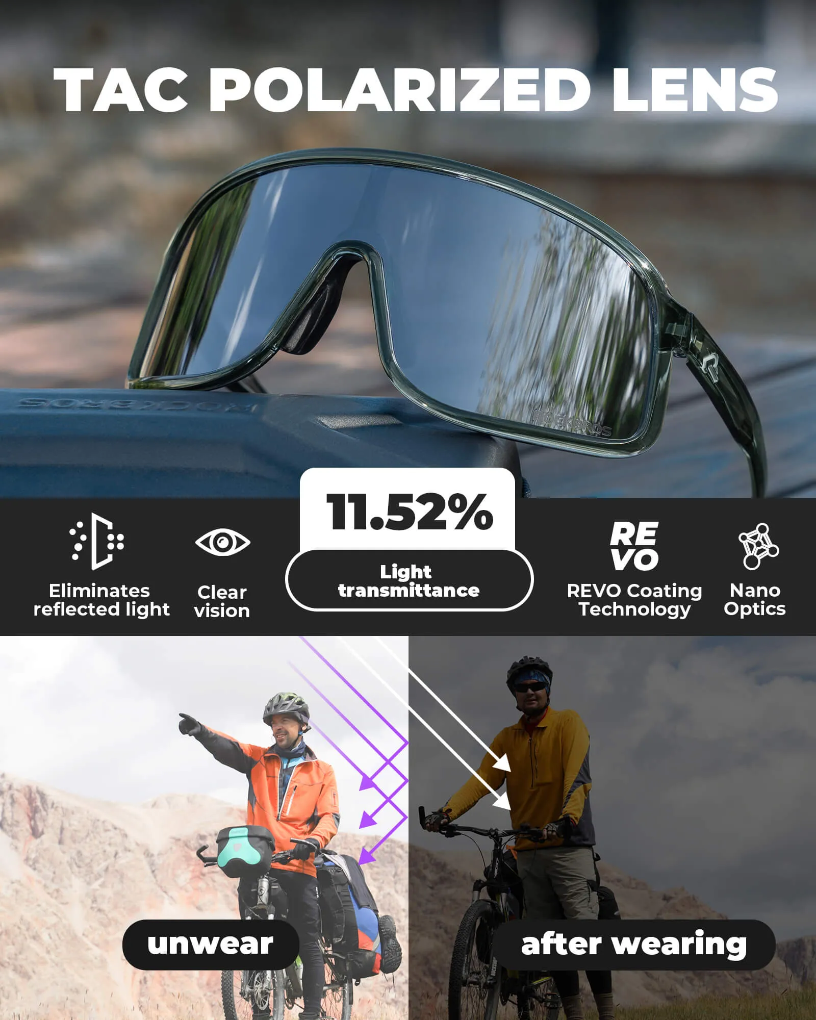 ROCKBROS Polarized Sunglasses TR90 Frame Cycling Glasses  UV400 Unisex SP350