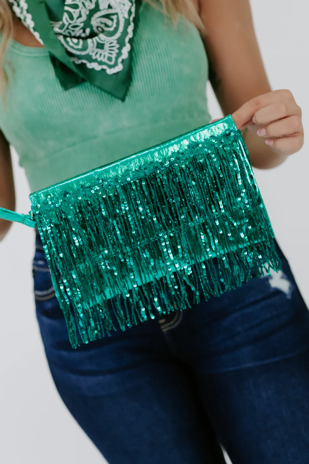 Shake It Tassel Clutch, Green