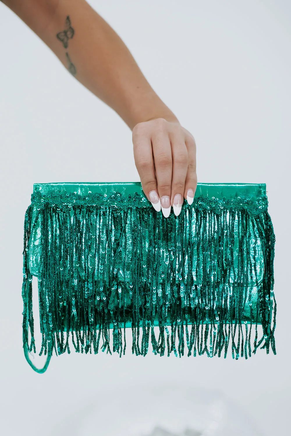 Shake It Tassel Clutch, Green
