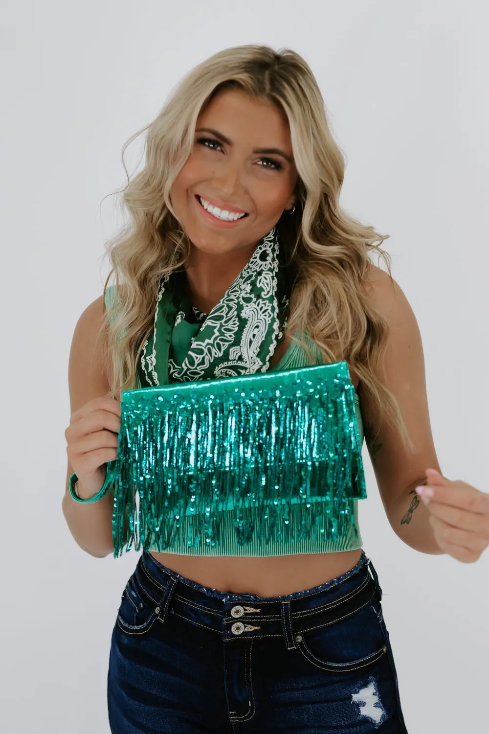 Shake It Tassel Clutch, Green