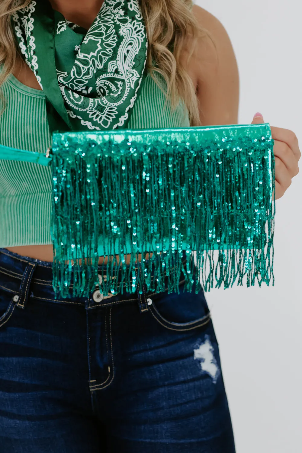 Shake It Tassel Clutch, Green