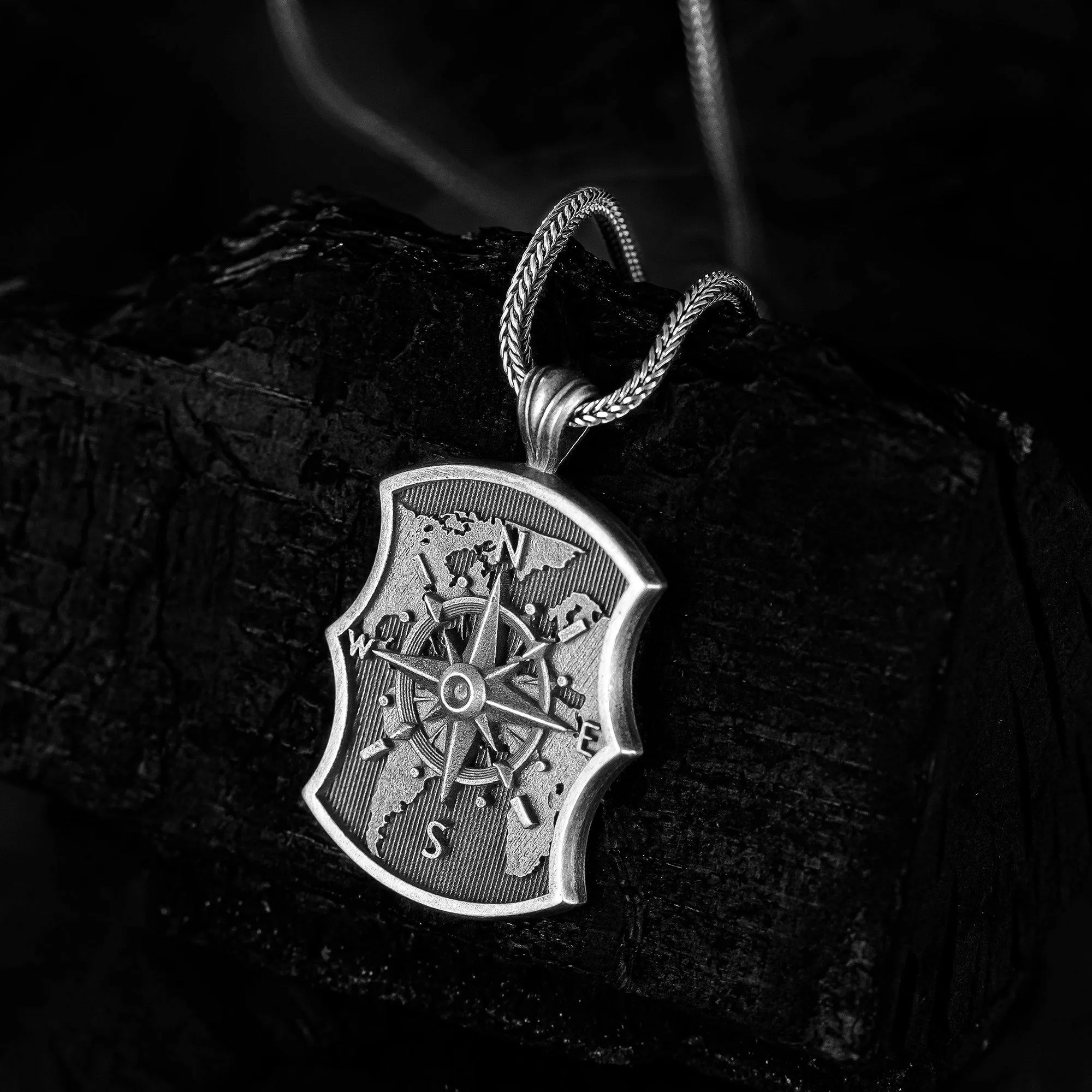 Silver Compass Necklace, Oxidized Compass Necklace, Unisex Jewelry
