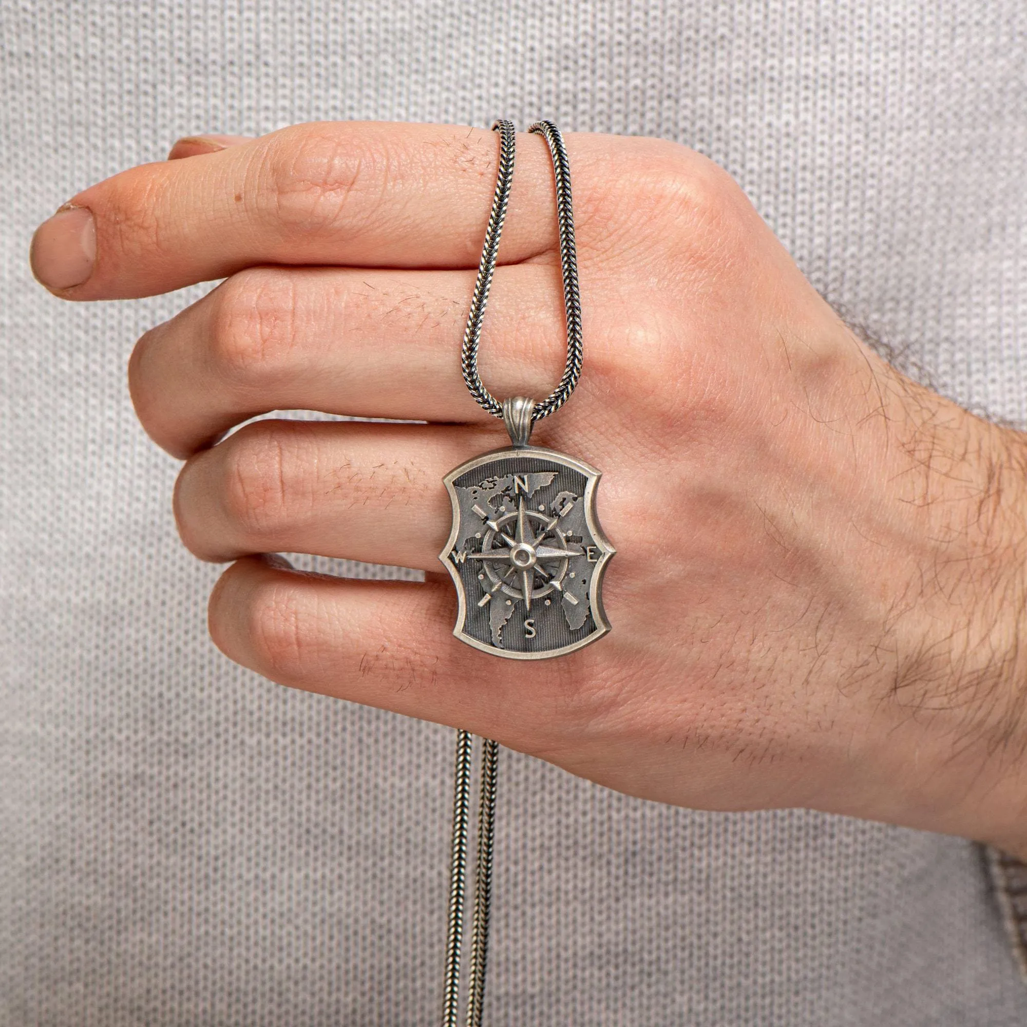 Silver Compass Necklace, Oxidized Compass Necklace, Unisex Jewelry