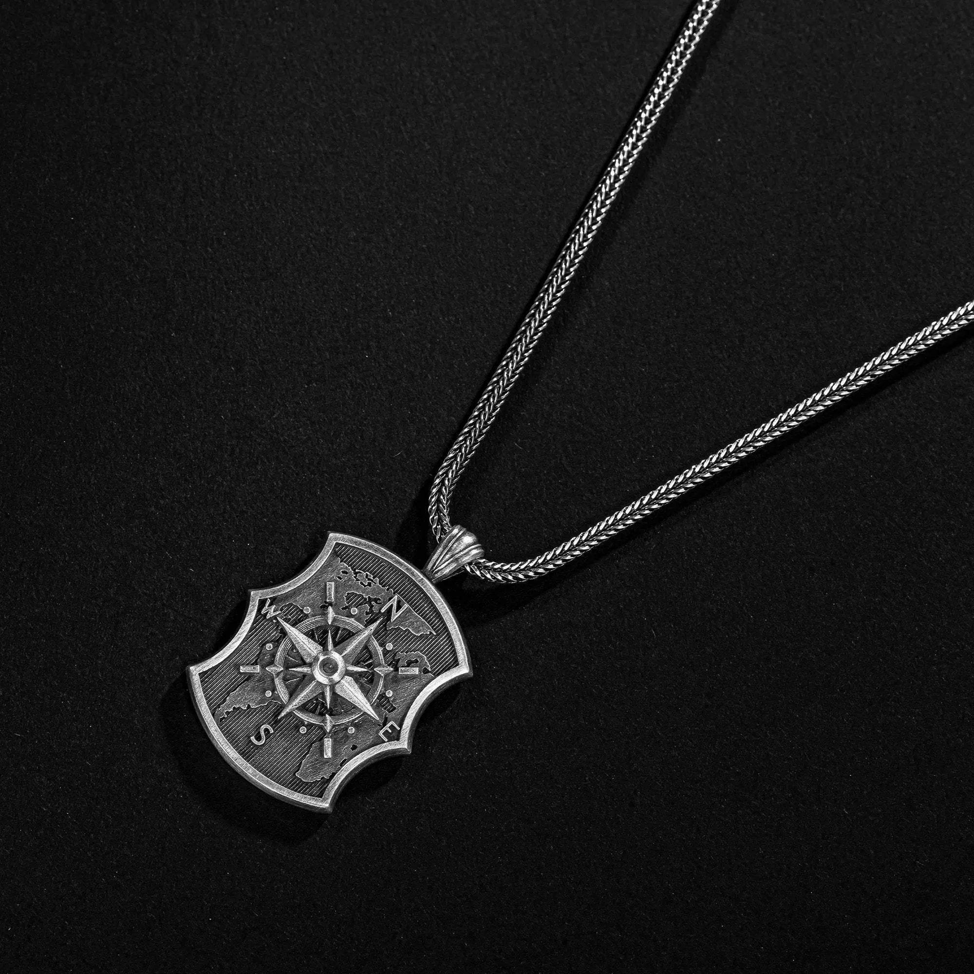 Silver Compass Necklace, Oxidized Compass Necklace, Unisex Jewelry